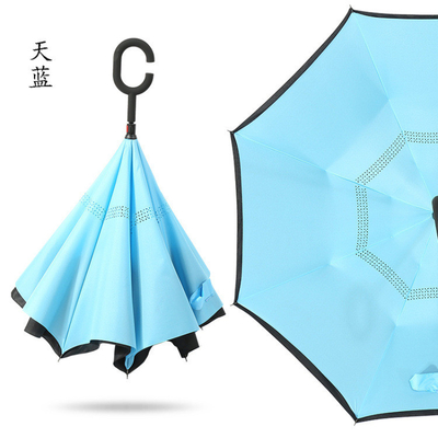 Compacto guarda-chuva invertida com alça em forma de C e eixo de metal revestido de preto