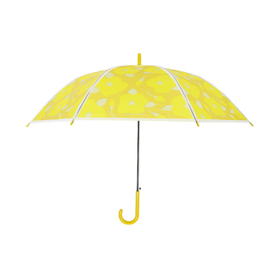 Um guarda-chuva transparente de oito ossos congelado com alça longa, desenho automático para crianças