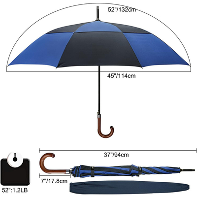 132cm Diâmetro Aberto Fibra de Vidro Eixo Guarda-chuva de Golfe com alça curva de madeira personalizada