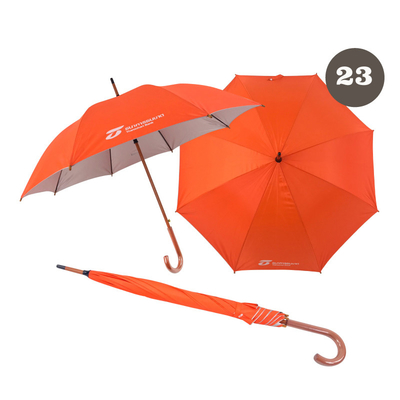 Auto-abre guarda-chuva de corpo inteiro laranja logotipo do banco personalizado gancho de 100cm de diâmetro