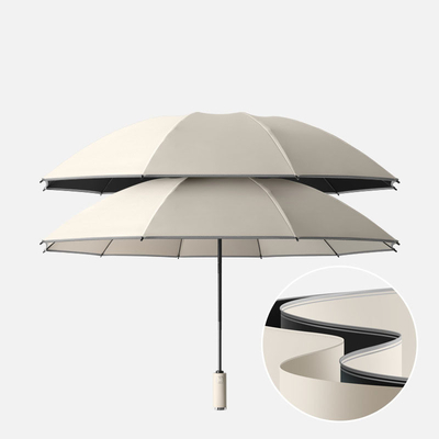 Um guarda-chuva triplo com dobragem automática e impressão de logotipo personalizado no painel Pongee