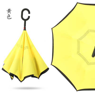 Compacto guarda-chuva invertida com alça em forma de C e eixo de metal revestido de preto