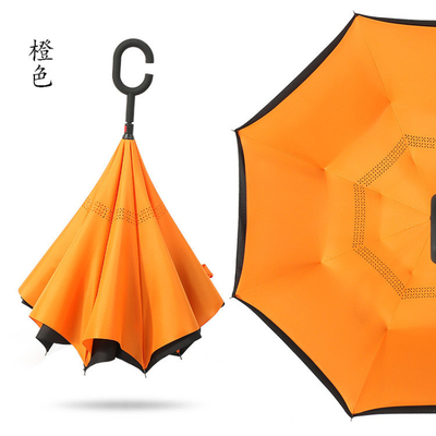Compacto guarda-chuva invertida com alça em forma de C e eixo de metal revestido de preto