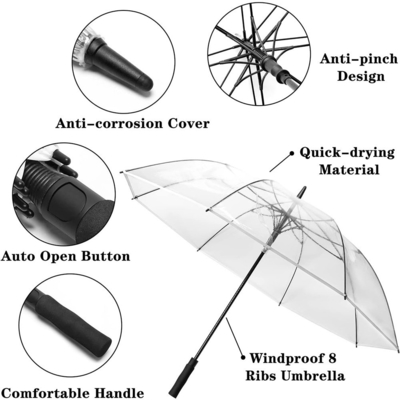 Quadro metálico Automático de longo punho guarda-chuva POE para cobertura de chuva clara e transparente