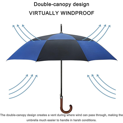 132cm Diâmetro Aberto Fibra de Vidro Eixo Guarda-chuva de Golfe com alça curva de madeira personalizada