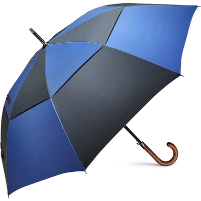 132cm Diâmetro Aberto Fibra de Vidro Eixo Guarda-chuva de Golfe com alça curva de madeira personalizada