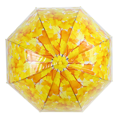 Um guarda-chuva de punho longo e reto com folha de bordo Apollo Design de material transparente