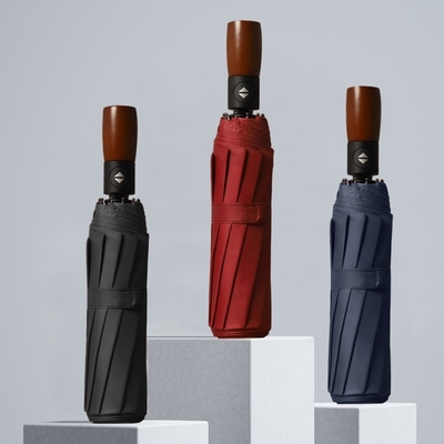 3 guarda-chuva de negócios automaticamente dobrável com logotipo personalizado impresso e alça de madeira