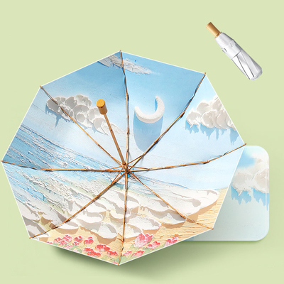 Pintura a óleo de prata bloqueador solar guarda-chuva à prova de vento com design especial e tudo em uma função